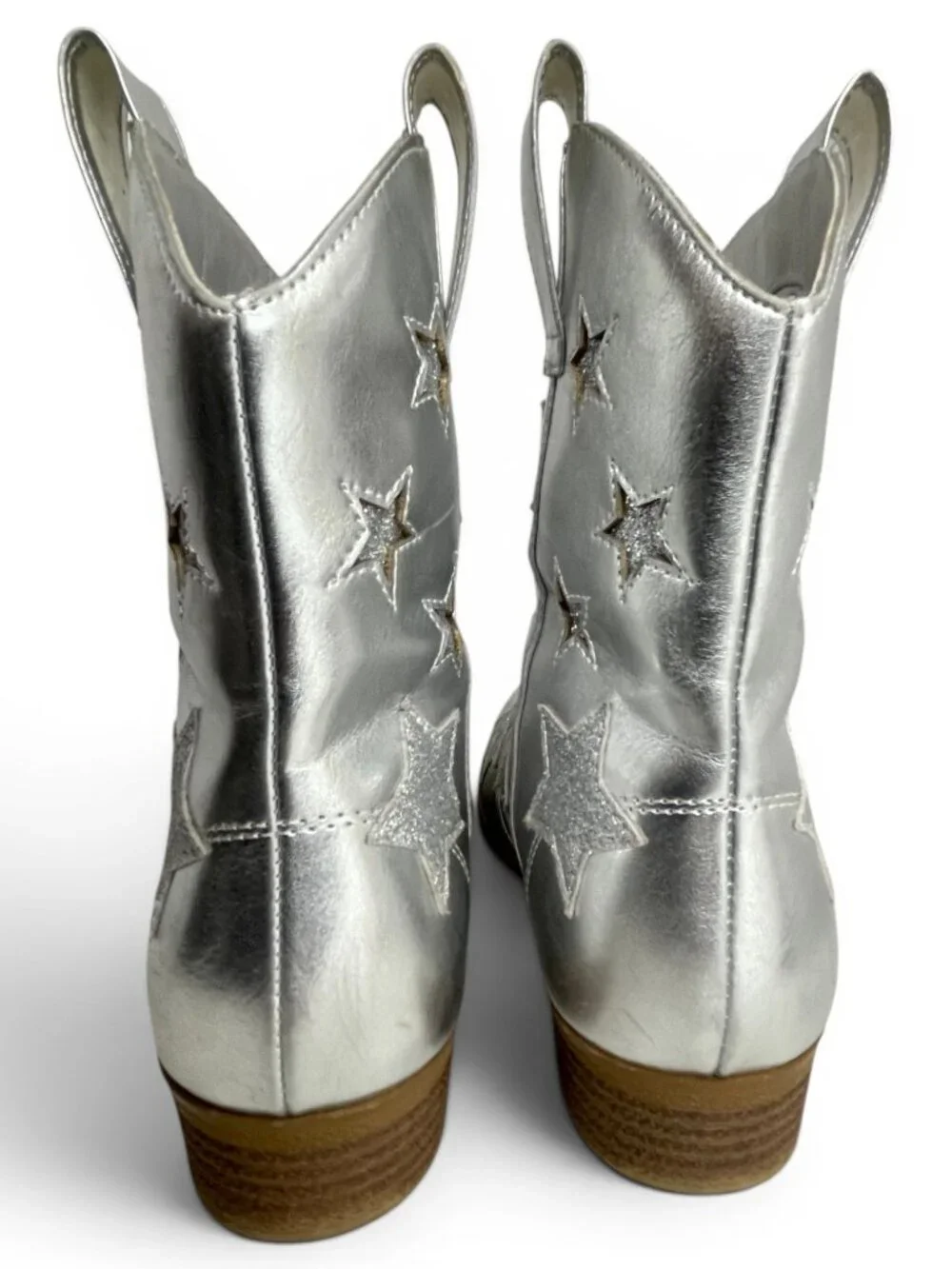 Dream Pairs Silver Faux Leather Glitter Star Western Cowgirl Boots Kids Girls 3